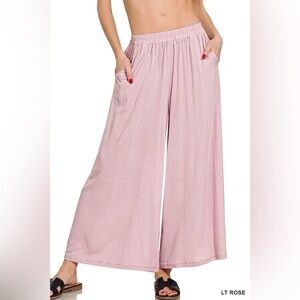 Zenana WOVEN ELASTIC BAND PANTS WITH POCKET